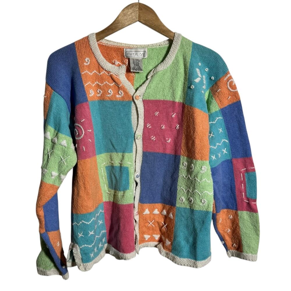 Mandal Bay Vintage 90s Cottagecore Cardigan Sweater Women L Color Block Easter
